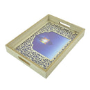Set of 2 Minaret/Lantern BLUE night Rectangular Wooden Geometric Inlay Pattern Iftar Serving Trays (1904-8AB)