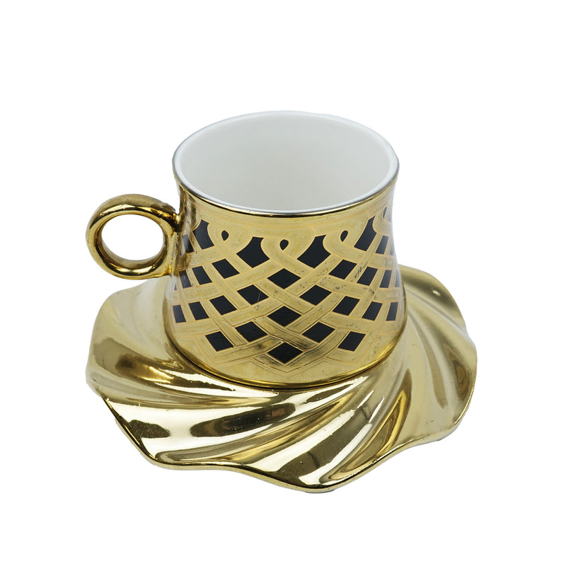 Set of 6 Ceramic Cups & Saucers - Black & Gold Swirl Design (XJ503-10)
