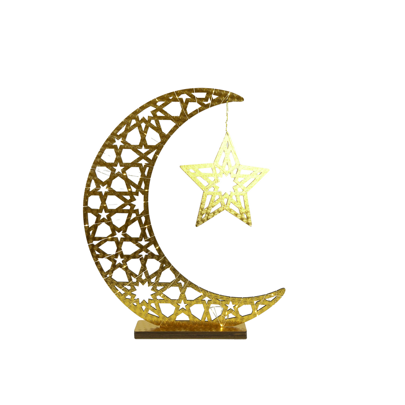 Giant Reflective Gold Crescent Moon With Star Fairy Lights Wooden Stand (757-43)