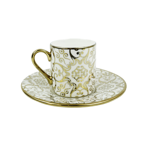 Set of 6 Ceramic Cups & Saucers - White With Gold Damask Pattern (RS3313)