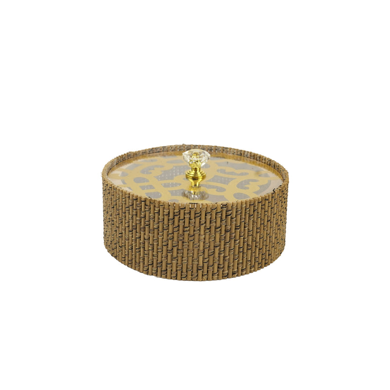 Elegant Woven 6 Jar Set with Gold Accents and Crystal Knob Lids on a Wooden Tray (0816-57)