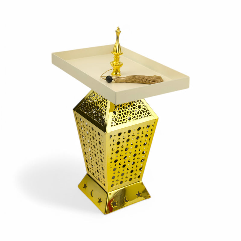 Large Gold Geometric Moon and Star LED Lantern with Tray Top (24714-4)