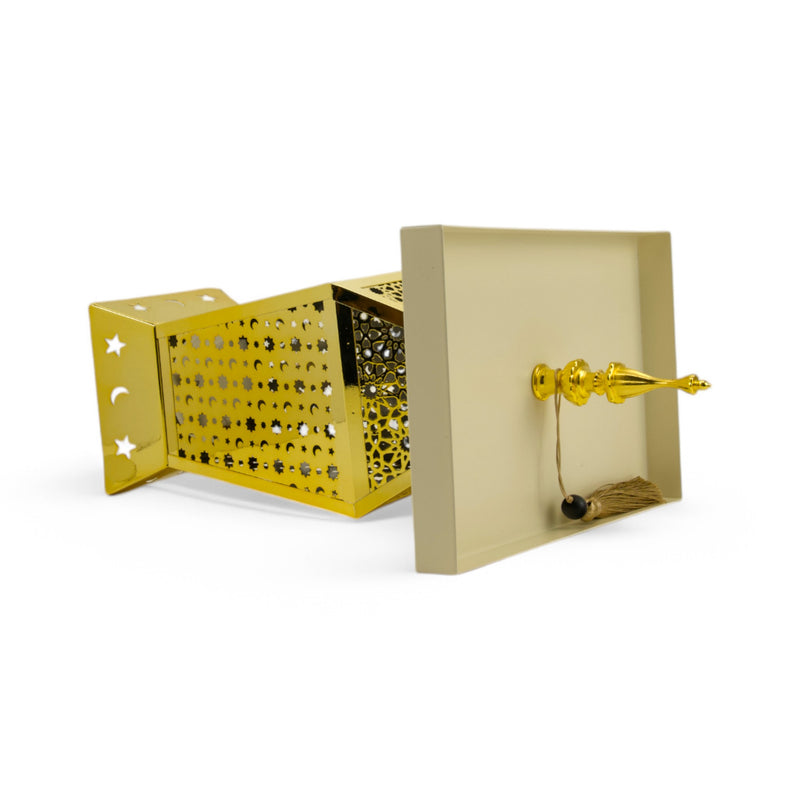 Large Gold Geometric Moon and Star LED Lantern with Tray Top (24714-4)