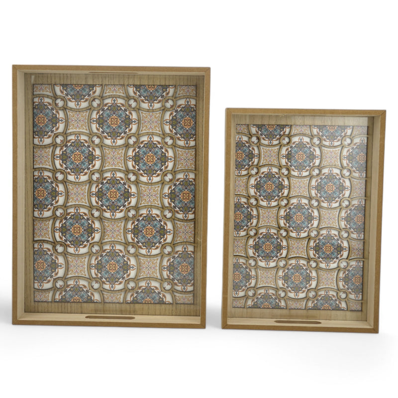 Set of 2 Decorative Wooden Serving Tray Set with Inlay Mosaic Design (857-4)