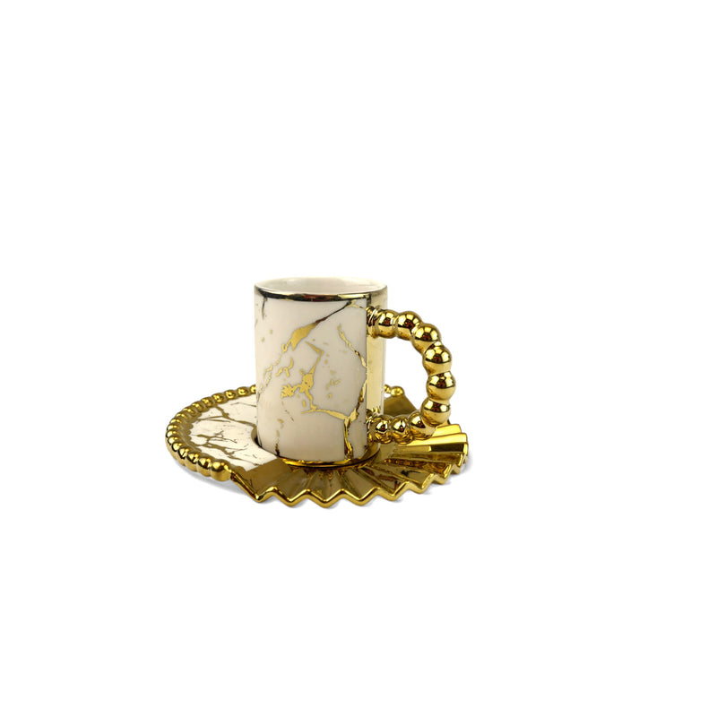 Set of 6 Golden Marble Cups & Fan Design Saucers (RS-6118)