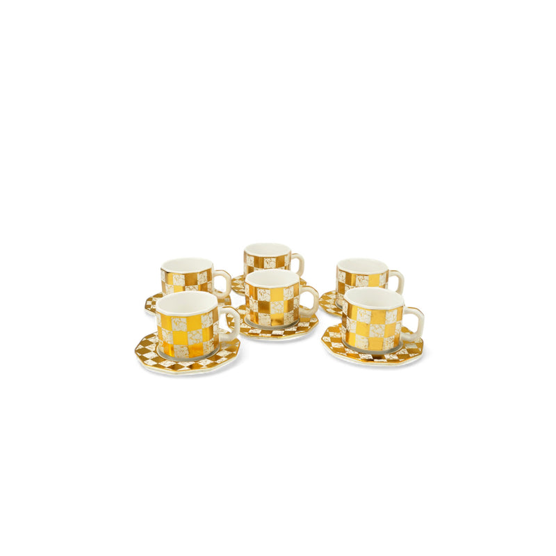 Set of 6 Copper Gold Checkered Design Cups & Saucers Set (CYGCO8-2)