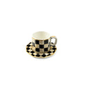 Set of 6 Black & White Gold Checkered Design Cups & Saucers Set (CYGC10-4)