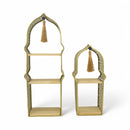 Set of 2 Gold Geometric Tall Minaret Metal Serving Stands with Built-In Wooden Shelves (24610-3)
