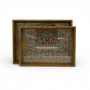 Set of 2 Geometric Pattern Wooden Serving Trays with Blue & Green Inlay Design