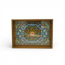 Set of 2 Moroccan Floral Mosaic Pattern Wooden Serving Trays with Blue & Green Inlay Design