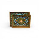 Set of 2 Moroccan Floral Mosaic Pattern Wooden Serving Trays with Blue & Green Inlay Design