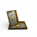 Set of 2 Moroccan Floral Mosaic Pattern Wooden Serving Trays with Blue & Green Inlay Design