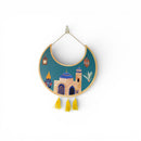 Teal Cresent Moon Wooden Hanging With Mosque Design With Tassel For Ramadan & Eid