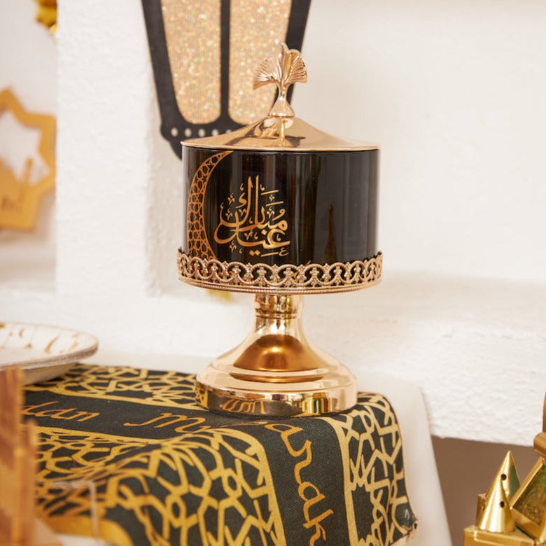 Black Eid Mubarak Ornate Glass Serving Dish With Metal Lid & Stand  (JC006)