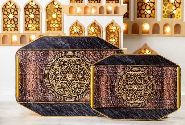 Octagonal Flat Trays with Gold Handles - 2pc Set (0613-2)