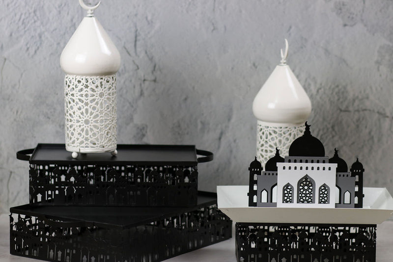 White Plate with Black Mosque Silhouette Metal Base Dessert Stands -  (29B1351-2)