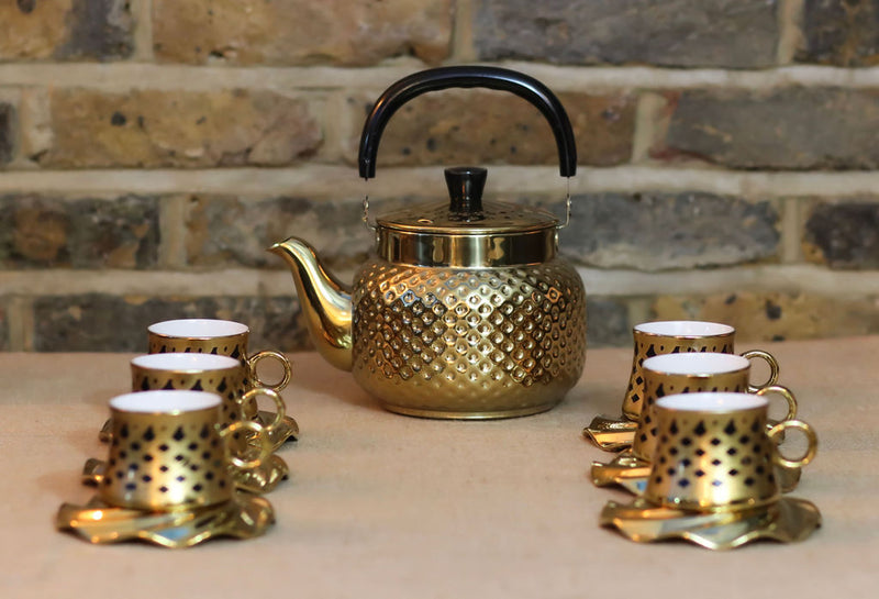 Set of 6 Ceramic Cups & Saucers - Black & Gold Swirl Design (XJ503-10)