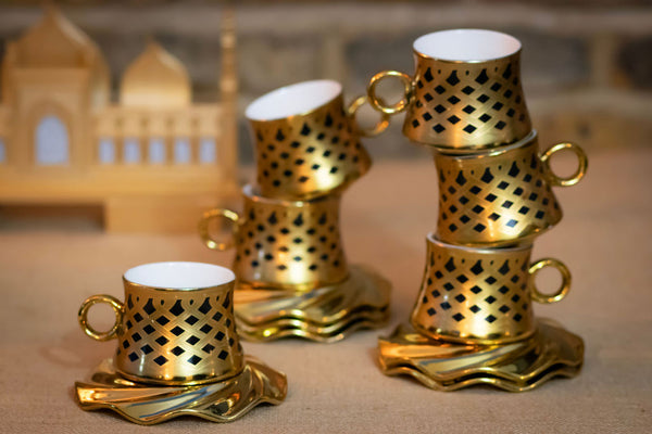Set of 6 Ceramic Cups & Saucers - Black & Gold Swirl Design (XJ503-10)