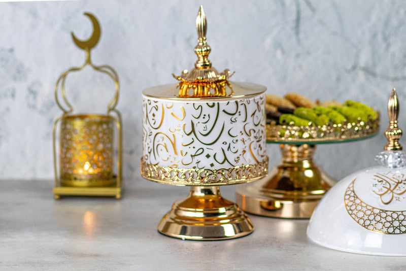 Gold White Round Calligraphy Serving Dish ( JC007)