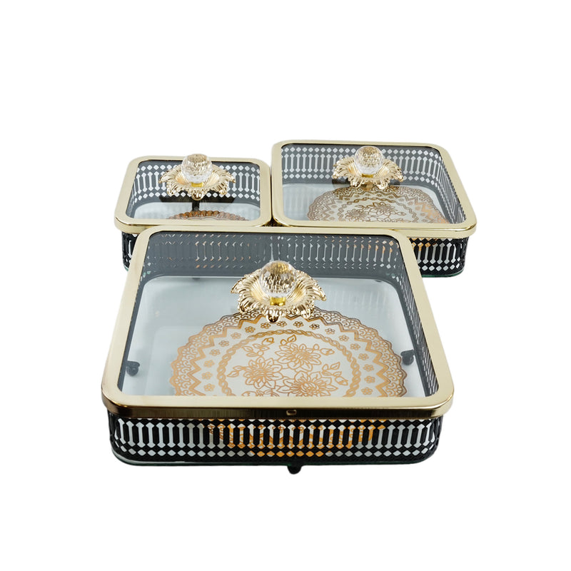 Set Of 3 Large Black Metal Square Iftar Trays With Glass Lids (JC002)