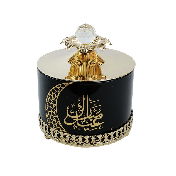 Black Eid Mubarak Ornate Glass Serving Dish With Metal Lid & Stand  (JC006)