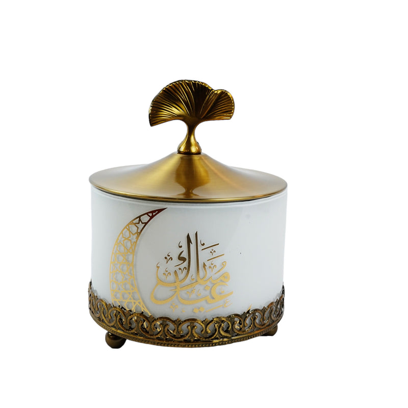 White Eid Mubarak Serving Dish with Metal Lid and Stand  (JC009)
