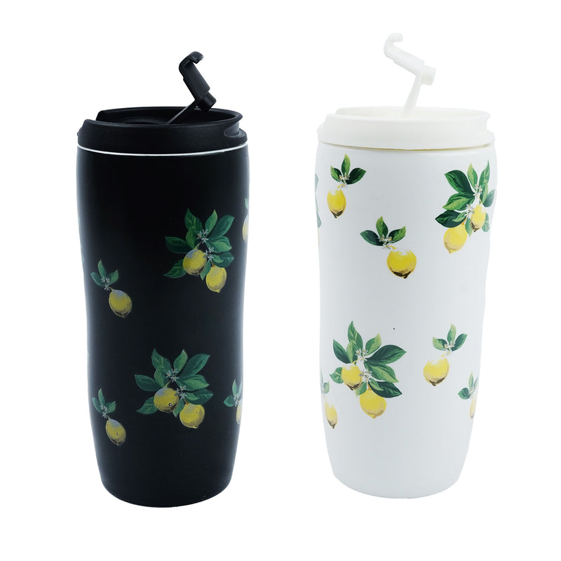 White Black Lemon Design Glass Cold Water Drinks Flask Cup With Lid (SJ-1108-14)