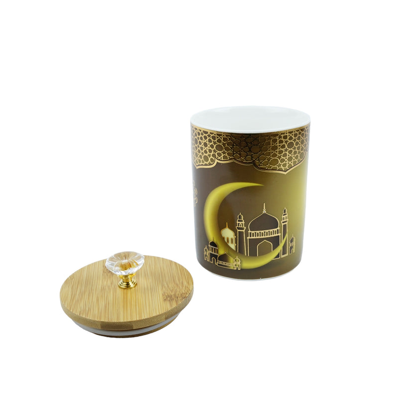 Glass Cookie Biscuit Jar Masjid Crescent Design With Rustic Wooden Lid (LM014)