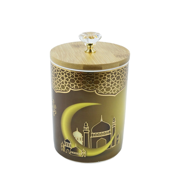 Glass Cookie Biscuit Jar Masjid Crescent Design With Rustic Wooden Lid (LM014)