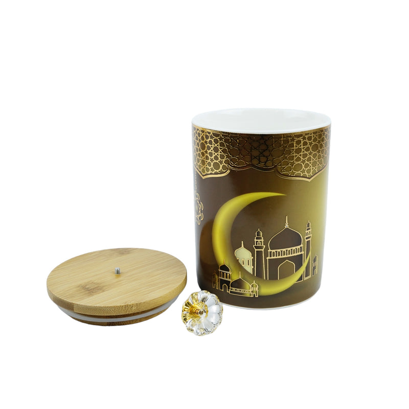 Glass Cookie Biscuit Jar Masjid Crescent Design With Rustic Wooden Lid (LM014)