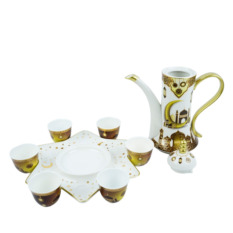 White Gold Masjid Long Teapot, Cups & Star Plate Set (LM026)