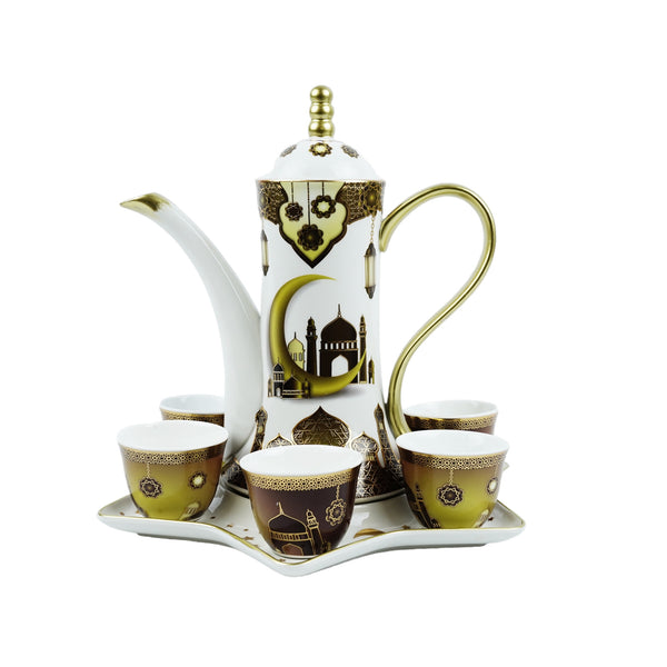 White Gold Masjid Long Teapot, Cups & Star Plate Set (LM026)