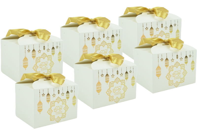 White Metallic Gold Ramadan Kareem Gift Favour Box with Gold Ribbon Pack of 12