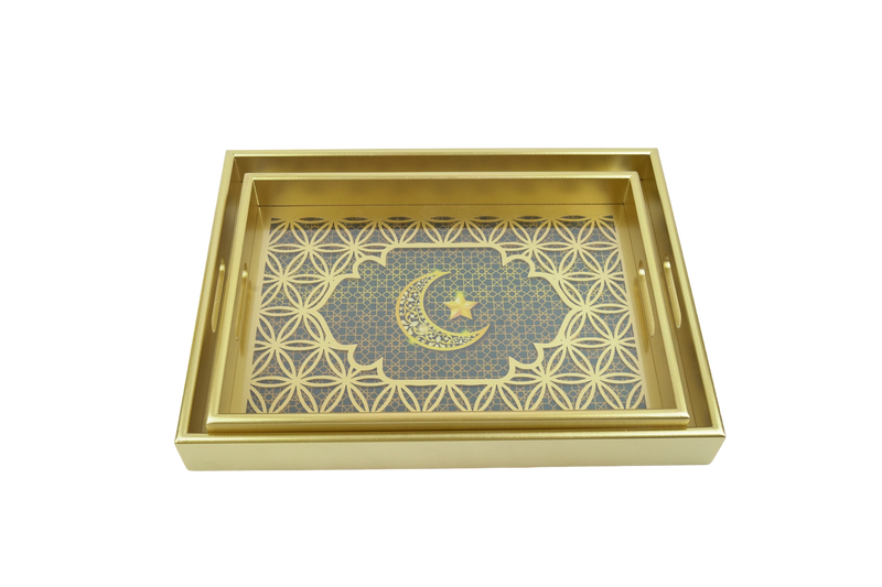 Set of 2 Golden Rectangle Wooden Geometric Arabesque Inlay Serving Trays (1938-3AB)