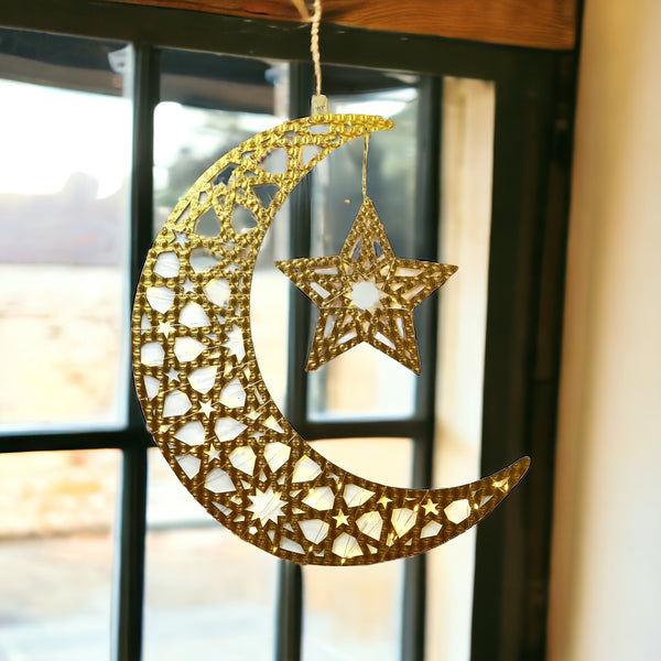 Giant Geometric Reflective Gold Crescent Moon & Star With Fairy Lights (757-44)