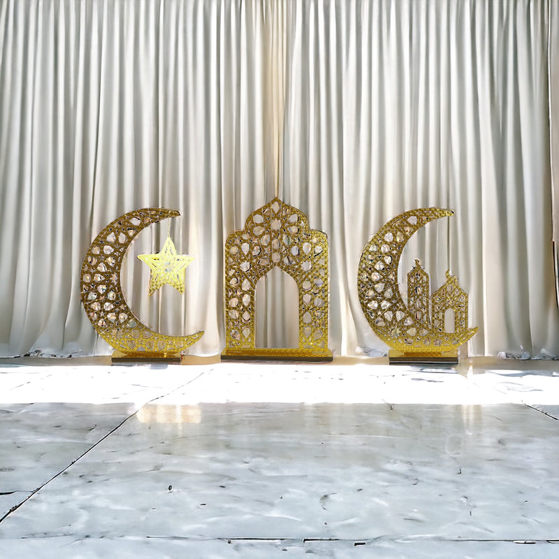 Giant Reflective Crescent Moon with Mosque Fairy Lights Wooden Stand (757-47)
