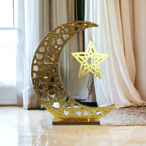 Giant Reflective Gold Crescent Moon With Star Fairy Lights Wooden Stand (757-43)