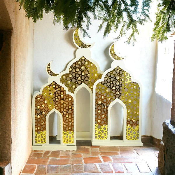 White & Gold Giant Geometric Crescent Moon Masjid Arch LED Light Stand