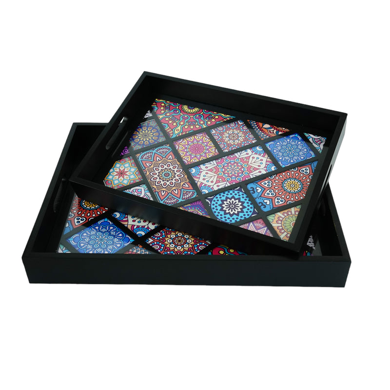 2pc Set Ottoman MULTI-COLOURED Tile Inlay Trays - BLACK frame (SY-58)