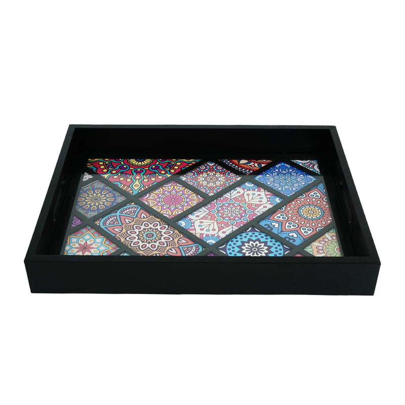 2pc Set Ottoman MULTI-COLOURED Tile Inlay Trays - BLACK frame (SY-58)