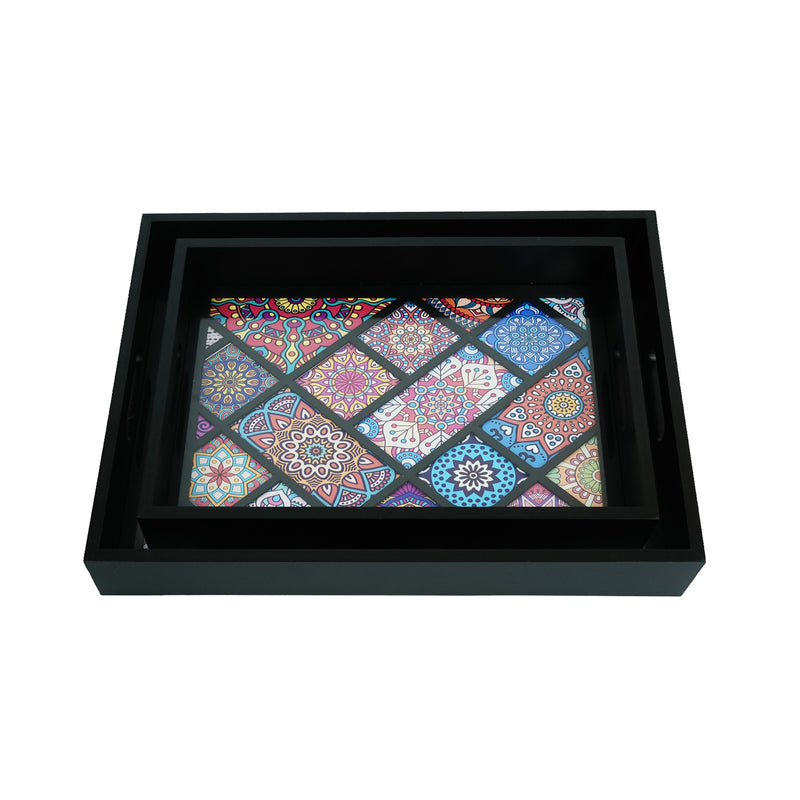 2pc Set Ottoman MULTI-COLOURED Tile Inlay Trays - BLACK frame (SY-58)