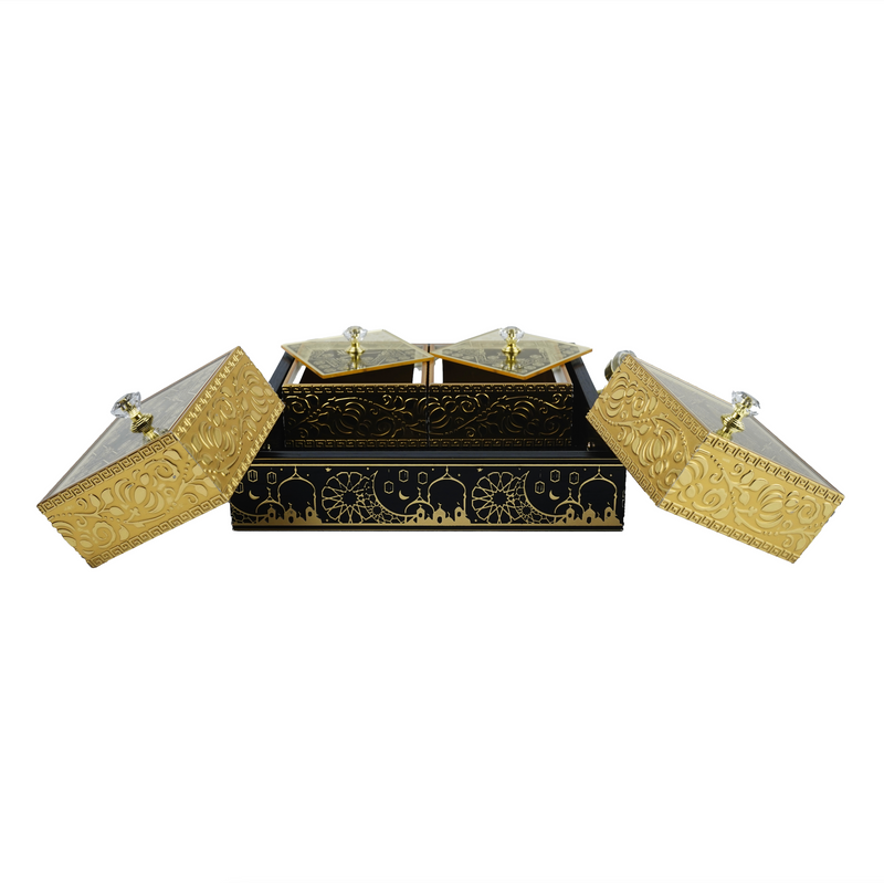 Black/Gold Serving Tray with 4-Compartments with Lids (2319-6)