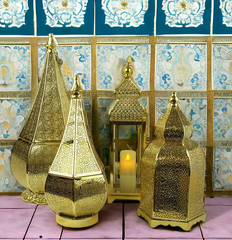 Large Shiny Gold Hexagonal Minaret Lantern (JK23005)