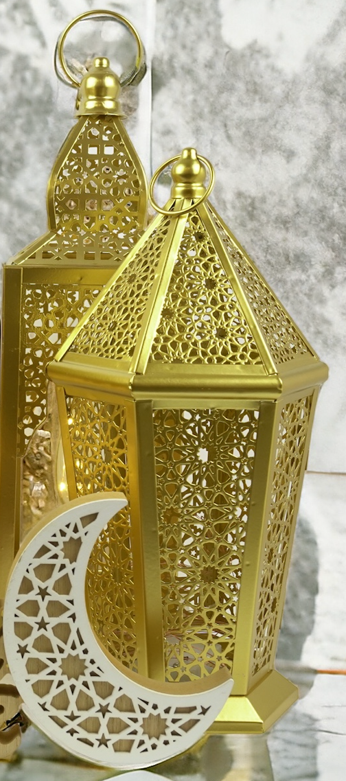 Medium Brushed Gold Hexagon MINARET LED Light Metal Lantern (20207-1)