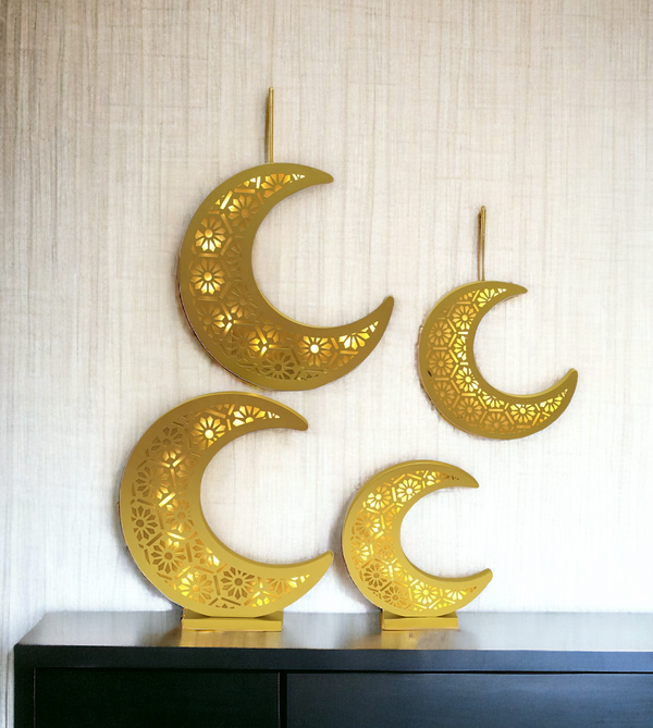 Geometric XL Gold Wooden Hanging LED Light Crescent Moon
