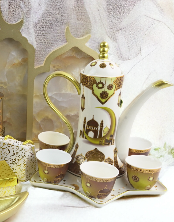 White Gold Masjid Long Teapot, Cups & Star Plate Set (LM026)