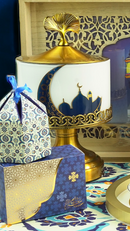 Tall White & Gold Ornate Iftar Tin w/ Lid + Handle - Moon & Mosque Design (JC008)