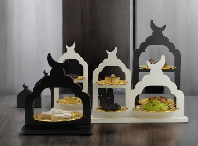 White Two-Tiered Crescent Moon Serving Stand with Gold Trays (2408235-1)
