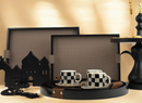 Set of 2 Black Tray Set with Beige Pattern and Faux Leather Handles (JZ2410)
