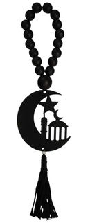 Black Bead Crescent Moon with Mosque Design Wooden Hanging